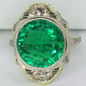 Vintage 14K White  Gold Ring  5.44CT. Gem Green Round   Colombia emerald