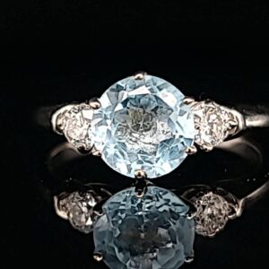 Vintage 14K White Gold Ring  1.58CT. Natural  Gem Blue  Aquamarine in round shape circ 1950's