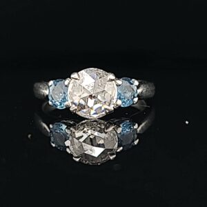 Vintage platinum three stones engagement natural rose cut diamond & Sapphire Ring 2.12CT.