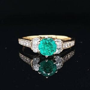 18k Yellow Gold Ring 0.92ct Natural GREEN Emerald  IN ROUND Shape