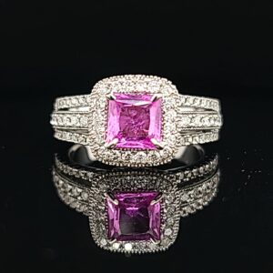 14k white gold engagement ring 1.15ct. natural pink sapphire  in princess cut
