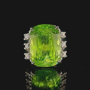 Vintage 14k white gold engagement Ring 22.95CT. Natural green peridot in cushion shape
