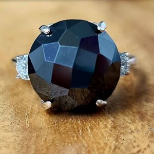 14K White Gold engagement  Ring 10.06CT. Natural black round diamond  checkerboard cut