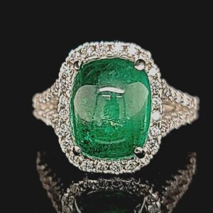 14k white gold engagement Ring 5.75CT. Natural green  emerald cabochon shape GIA cert